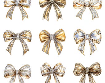 24 Gold Diamond Coquette Bows Clipart, Sparkle Coquette Bows, Gem Stones, High Quality JPG, Digital Download, Paper Craft, Junk Journal S586