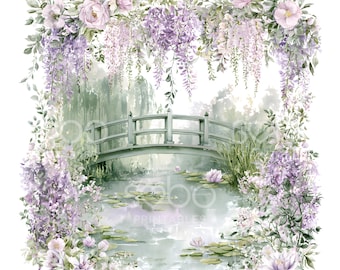 16 Garden Floral Bridge Clipart, Floral Wood Bridge, Printable Watercolor Art, High Quality JPGs, Digital Download, Paper Craft U315
