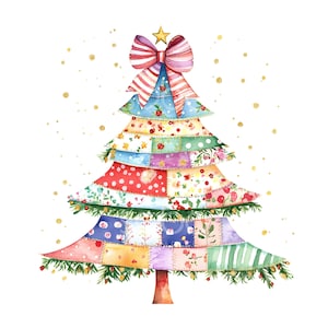 Könnte beinhalten: Aquarell-Illustration eines Weihnachtsbaums mit Patchwork-Design. Der Baum hat eine rot-weiß gestreifte Schleife, einen goldenen Stern und ist mit bunten Stoffflicken verziert. Goldene Glitzerpunkte sind um den Baum herum verstreut.