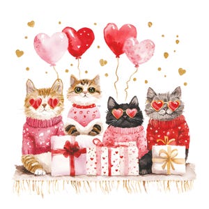 May include: Four cats wearing pink and red sweaters with heart-shaped glasses and holding wrapped gifts. The cats are surrounded by pink and red hearts.