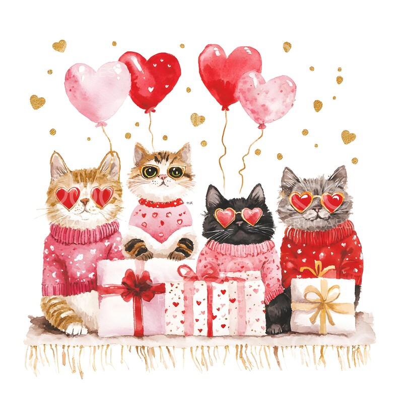 May include: Four cats wearing pink and red sweaters with heart-shaped glasses and holding wrapped gifts. The cats are surrounded by pink and red hearts.