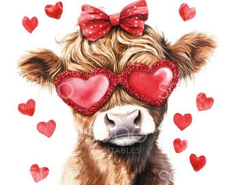 18 Valentine's Day Highland Cow Clipart, Cute Bow Highland Cow Clipart, High Quality JPG, Digital Download, Paper Craft, Junk Journal S518
