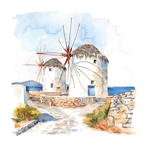 24 cliparts de moulins à vent Grèce, moulins à vent grecs, voyage en Grèce, aquarelle imprimable, fichiers JPG de haute qualité, téléchargement numérique, créations en papier S922