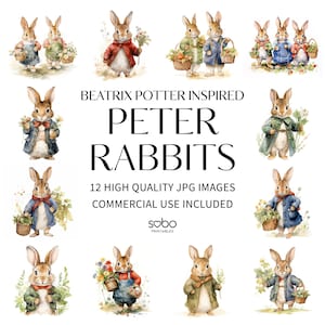 Beatrix Potter Inspired Rabbits Clipart - 12 JPG di alta qualità, creazione di carta digitale, pianificatore digitale, abbigliamento, download digitale S11