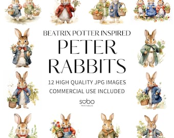 Beatrix Potter Inspired Rabbits Clipart - 12 High Quality JPGs, Digital Paper Crafting, Digital Planner, Apparel, Digital Download S11