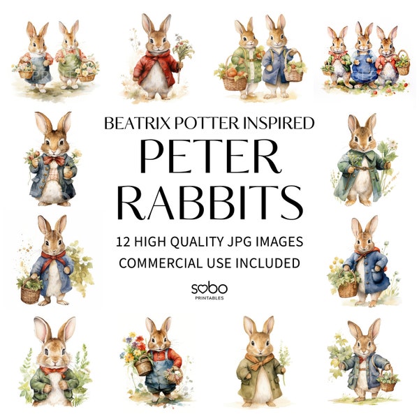 Beatrix Potter Inspired Rabbits Clipart - 12 High Quality JPGs, Digital Paper Crafting, Digital Planner, Apparel, Digital Download S11