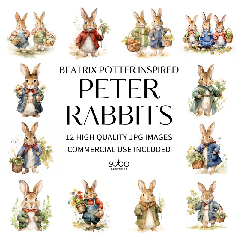 Beatrix Potter Inspired Rabbits Clipart - 12 High Quality Jpgs, Digital ...