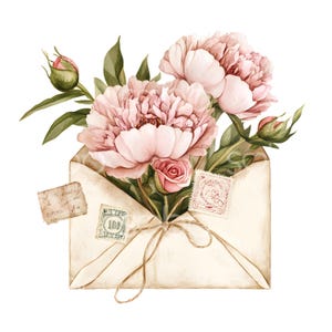 21 Peonías en un sobre, clipart, sobre floral, archivos JPG de alta calidad, acuarela imprimible, descarga digital, manualidades de papel, diario basura S366