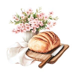 Op de afbeelding: Waterverfillustratie van een brood op een houten snijplank met een gekarteld mes. Een witte doek en een vaas met roze bloemen maken het stilleven compleet. De afbeelding heeft een zacht, warm kleurenpalet.
