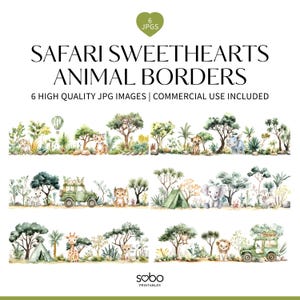 6 Safari Sweethearts Animals Clipart Border, Jungle Animals, Jungle Nursery Art, Wild One Birthday, Watercolor Animals Baby Shower S199