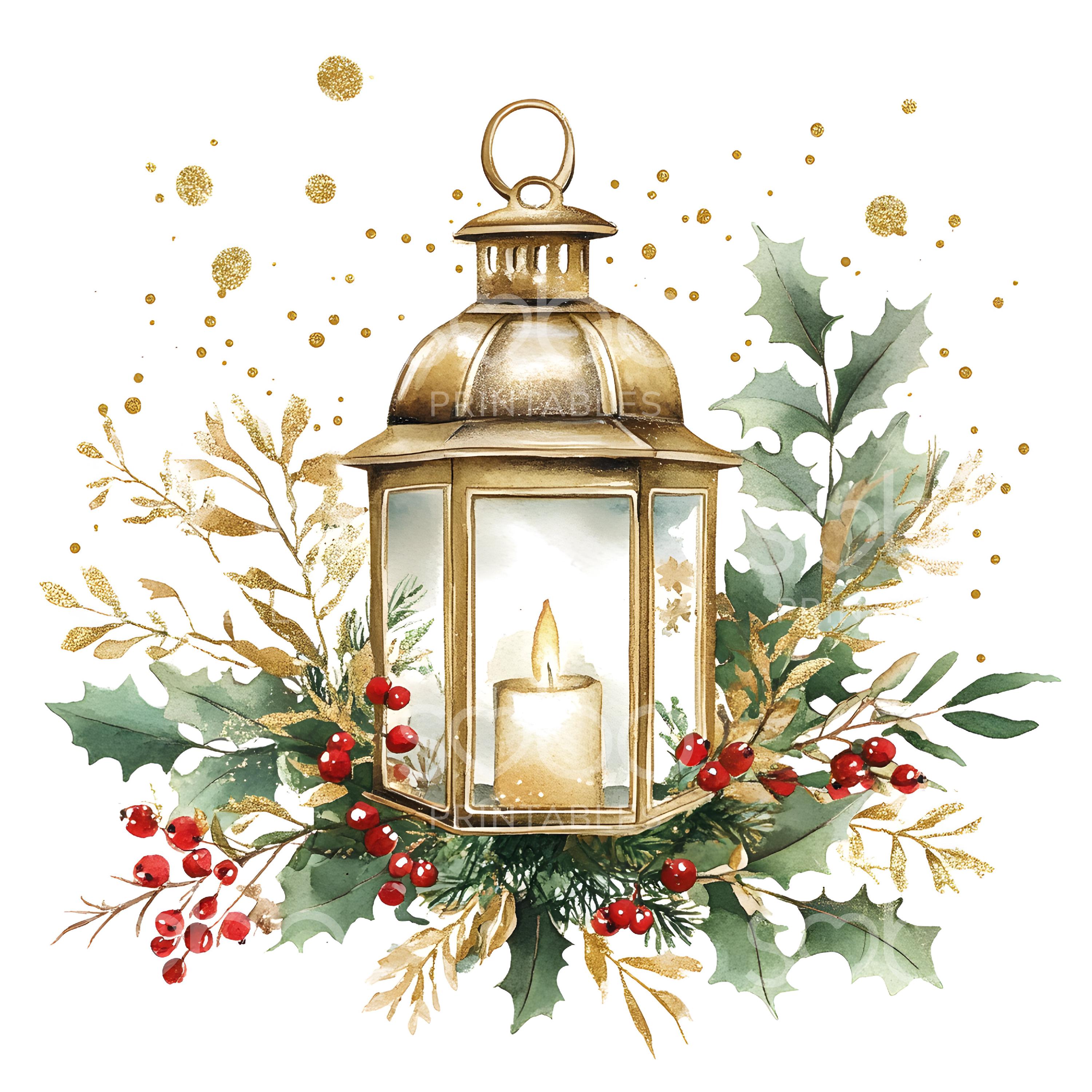 16 Christmas Lantern Clipart Golden Lantern Watercolour Christmas 
