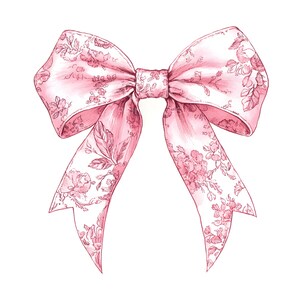 May include: A pink satin bow with a floral pattern. The bow is tied in a knot and the ends are flowing.