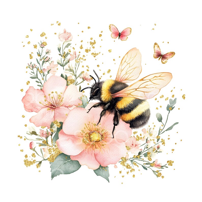May include: Watercolor illustration of a bumblebee perched on pink flowers with yellow centers. Two butterflies and gold glitter accents are also present. The image has a soft, artistic style, perfect for spring or nature-themed designs.