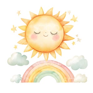 16 Clipart carine di sole e arcobaleno, arcobaleno per bambini, JPG di alta qualità, arte ad acquerello, download digitale, artigianato di carta, diario di scarto S585