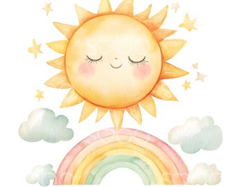 16 Cute Sun and Rainbow Clipart, Kids Nursery Rainbow, High Quality JPGs, Watercolor Art, Digital Download, Paper Craft, Junk Journal S585