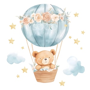 21 imágenes prediseñadas de osos de peluche azules, globos aerostáticos, imágenes prediseñadas de baby shower, bebé niño, globos aerostáticos azules, arte de pared para guardería, descarga digital S239