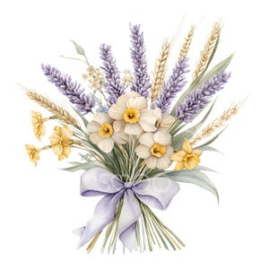 May include: A watercolor painting of a bouquet of lavender, daffodils, and wheat tied together with a purple ribbon.