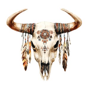 20 imágenes prediseñadas de calaveras de vaca, adornos tribales indios nativos, imágenes prediseñadas de acuarela imprimibles, archivos JPG de alta calidad, descarga digital, manualidades de papel S577