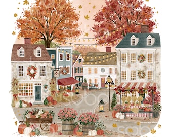 20 Fall Village Square Clipart, Autumn Market Scenes, Cute Fall Town Street, High Quality JPGs, Digital Download, Paper Craft U307