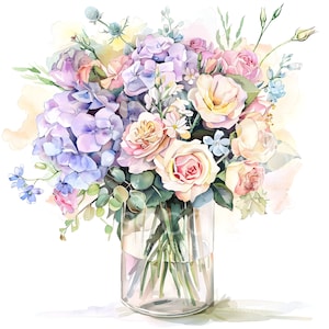 18 clipart de buquê de casamento em vaso de vidro, clipart em aquarela para impressão, JPGs de alta qualidade, download digital, artesanato em papel, Junk Journal S136