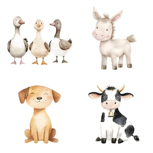 May include: Watercolor illustrations of farm animals including three geese, a donkey, a dog, and a cow. The animals are depicted in a cute, cartoon style with soft colors and details, perfect for nursery decor.