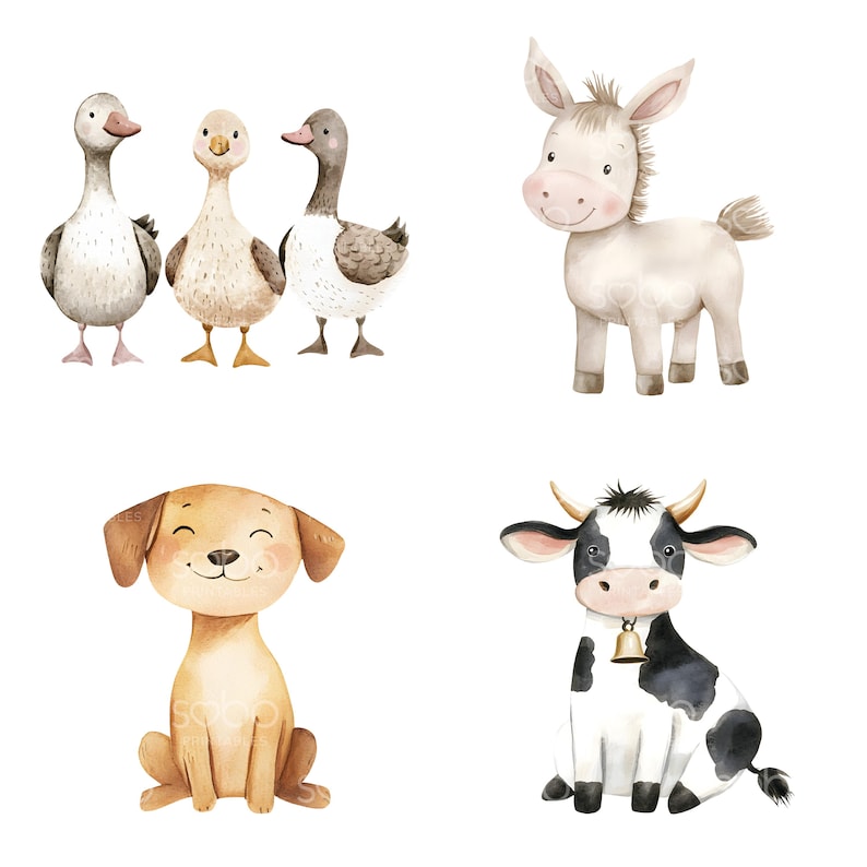 May include: Watercolor illustrations of farm animals including three geese, a donkey, a dog, and a cow. The animals are depicted in a cute, cartoon style with soft colors and details, perfect for nursery decor.