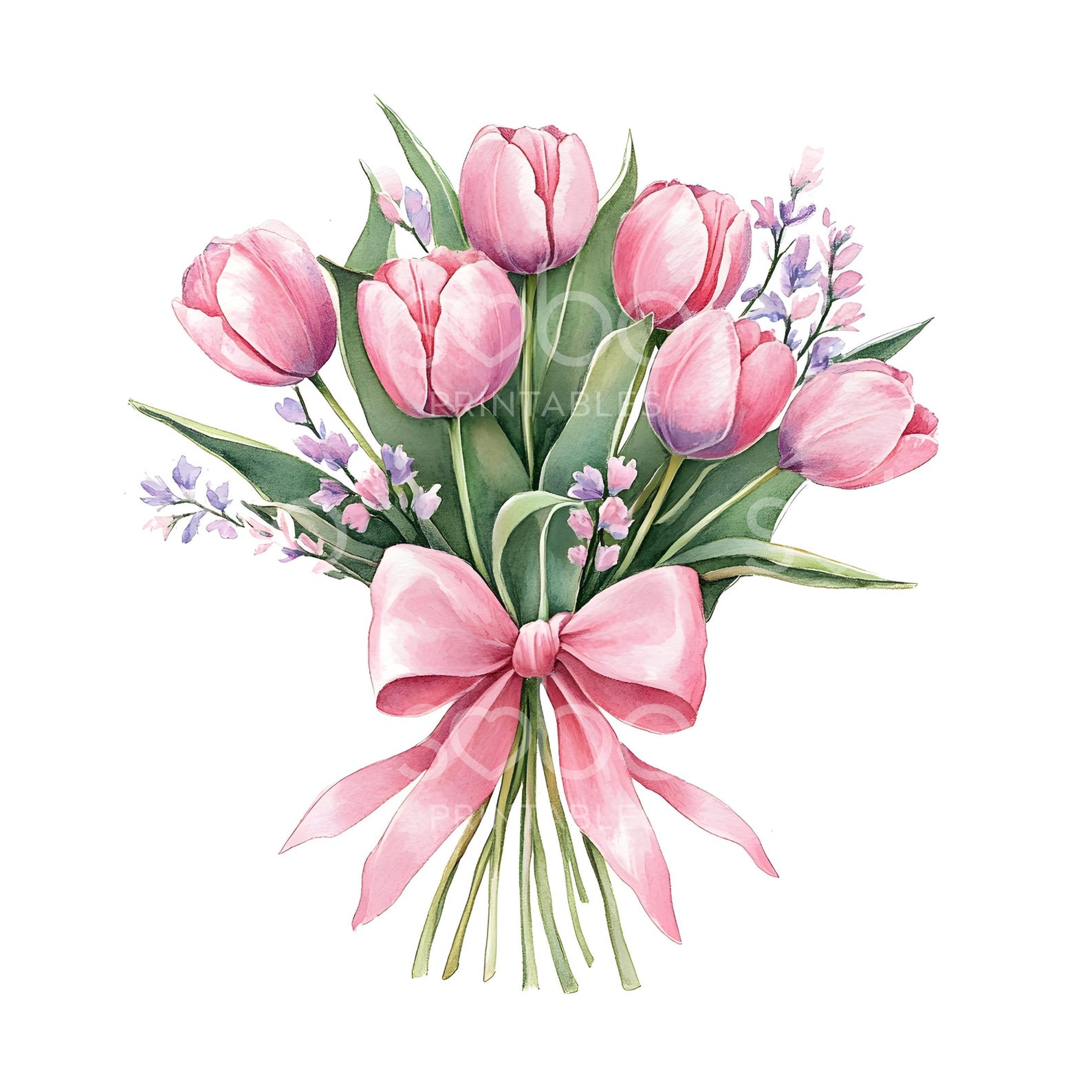 24 Tulips Bouquet Clipart, Cute Spring Floral Bouquet, Watercolor Art ...