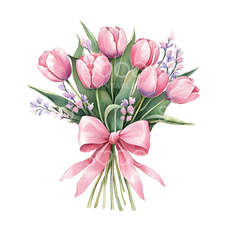 24 Tulips Bouquet Clipart, Cute Spring Floral Bouquet, Watercolor Art ...