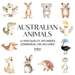May include: Watercolor illustrations of Australian animals, including a koala, kangaroo, and crocodile. The text "AUSTRALIAN ANIMALS" is displayed above the images, with additional text below indicating 12 high-quality JPG images and commercial use.