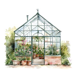 May include: A watercolor painting of a green metal greenhouse with a brick base. The greenhouse is filled with pink flowers and green plants. The greenhouse is surrounded by green foliage.
