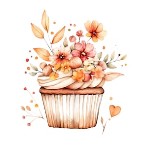 30 herfst bloemen cupcake clipart, herfst cupcake, hoge kwaliteit jpg's, afdrukbare aquarel kunst, digitale download, Paper Craft Junk Journal S696