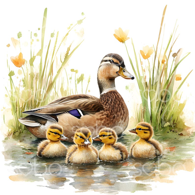 Pode incluir: Um pato marrom e branco com tr&ecirc;s patinhos nadando em um lago. Os patinhos s&atilde;o amarelos e marrons com olhos escuros. O lago &eacute; cercado por grama verde e flores amarelas.