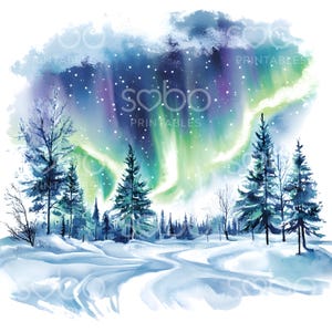 22 Clipart aurora boreale, pini, clipart aurora boreale, acquerello stampabile, JPG di alta qualità, download digitale, Junk Journal S274