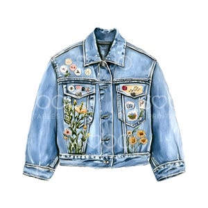 Könnte beinhalten: Eine blaue Jeansjacke mit gestickten Blumen und verschiedenen Patches. Die Patches beinhalten ein Herz, eine Blume, einen Stern und einen Schmetterling.