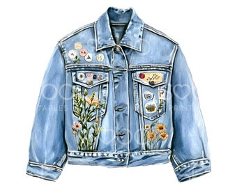 May include: A blue denim jacket with embroidered flowers and various patches. The patches include a heart, a flower, a star, and a butterfly.
