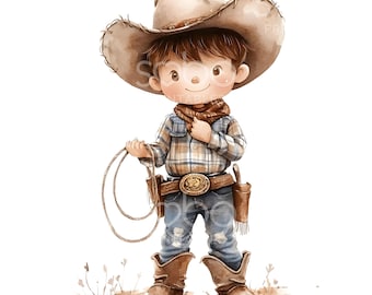 18 Cartoon Cowboy Clipart, Cowboy with Lasso, Western, Printable Watercolor Clipart, High Quality JPGs, Digital Download, Junk Journal S579