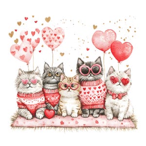 May include: Five adorable cats wearing red sweaters with hearts and heart-shaped glasses. The cats are sitting on a pink rug with pink hearts and gold glitter. The cats are surrounded by pink heart-shaped balloons.