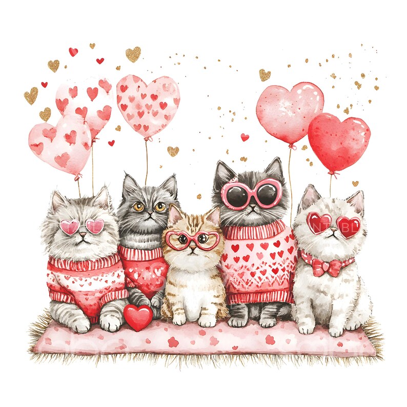May include: Five adorable cats wearing red sweaters with hearts and heart-shaped glasses. The cats are sitting on a pink rug with pink hearts and gold glitter. The cats are surrounded by pink heart-shaped balloons.