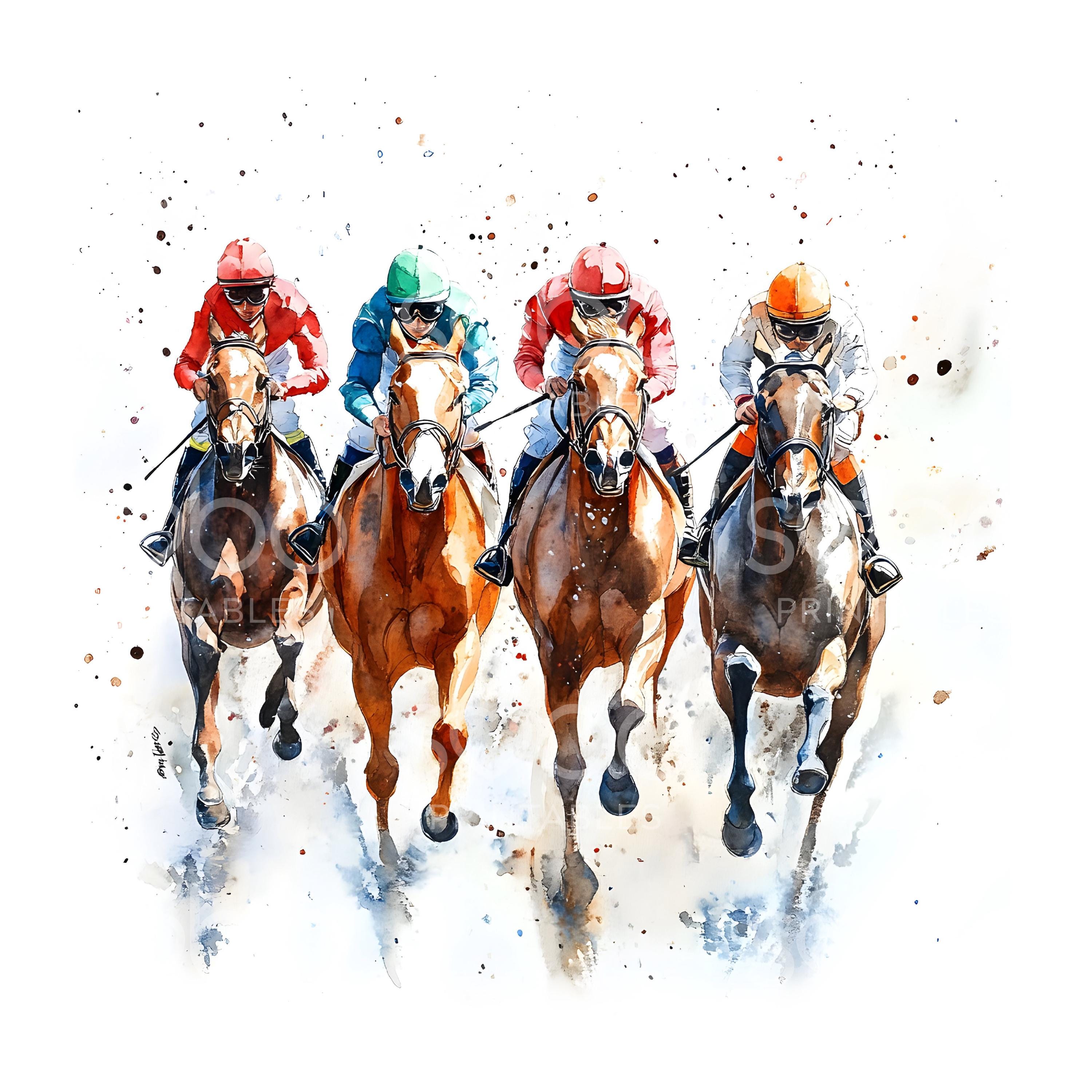 競走馬24頭のクリップアート、競馬、印刷可能な水彩画、馬術競技の騎手