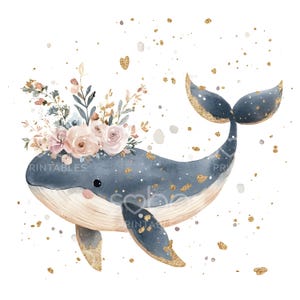 18 Boho Whale Clipart, Nursery Ocean Clipart, Whale Art Gold Foil Clipart, Wysokiej Jakości JPG, Pobieranie Cyfrowe, Paper Craft Junk Journal S241