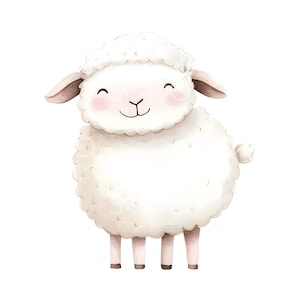 May include: A watercolor illustration of a smiling sheep with fluffy white wool. The sheep has pink cheeks, small brown ears, and four thin legs. The image is on a white background and is suitable for nursery decor or children's products.