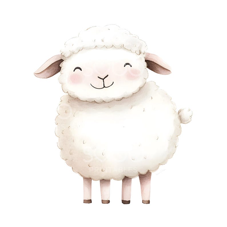 May include: A watercolor illustration of a smiling sheep with fluffy white wool. The sheep has pink cheeks, small brown ears, and four thin legs. The image is on a white background and is suitable for nursery decor or children's products.