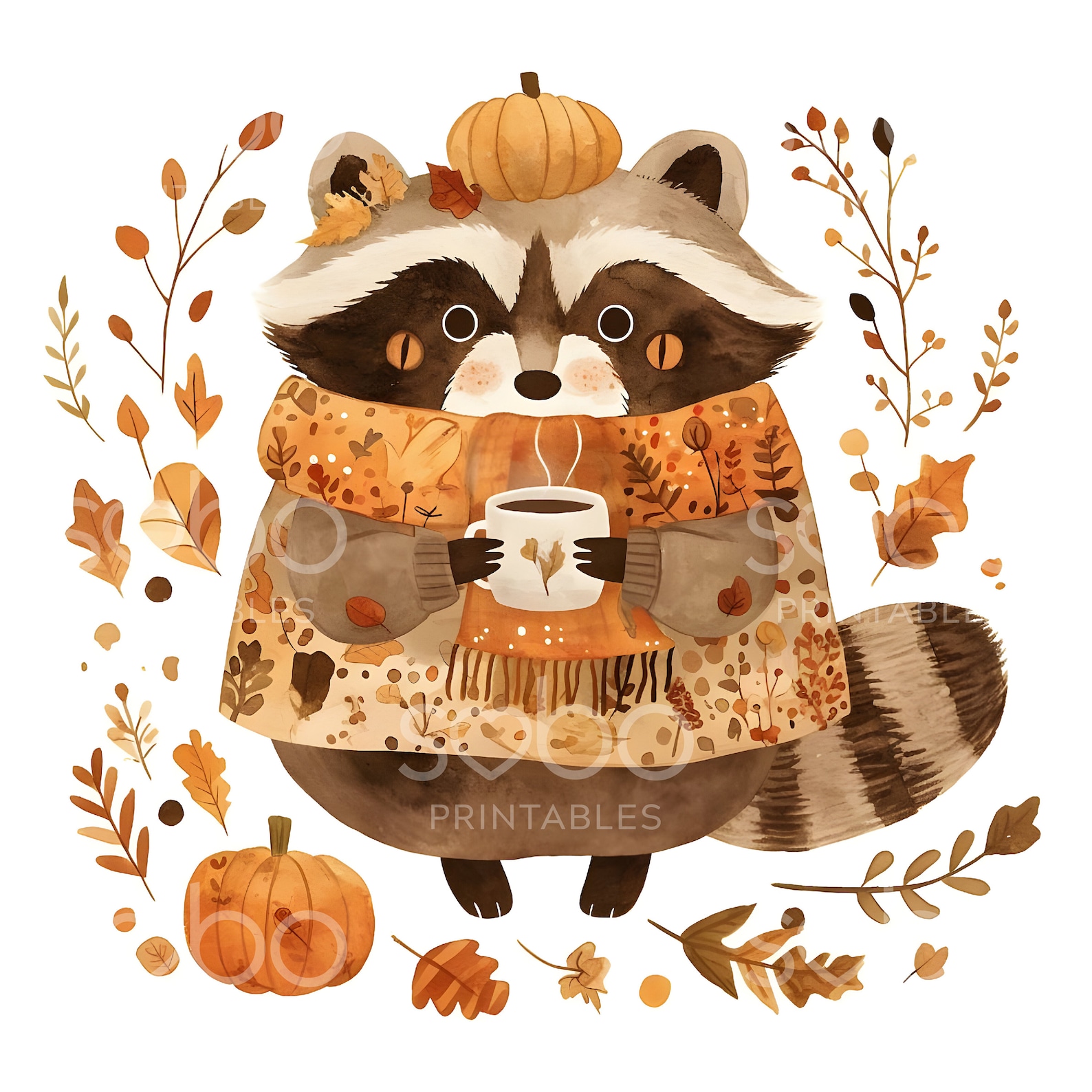 Cute Fall Raccoon Clipart - 11 High Quality Jpgs, Wall Art, Scrapbook ...