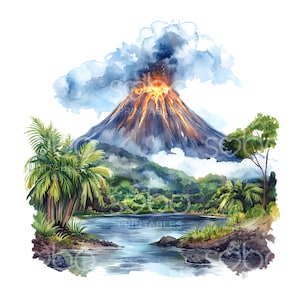 24 Forest Volcano Clipart, Erupting Volcano Mountain Landscape, Printable Watercolor, High Quality JPGs, Digital Download, Paper Craft S886