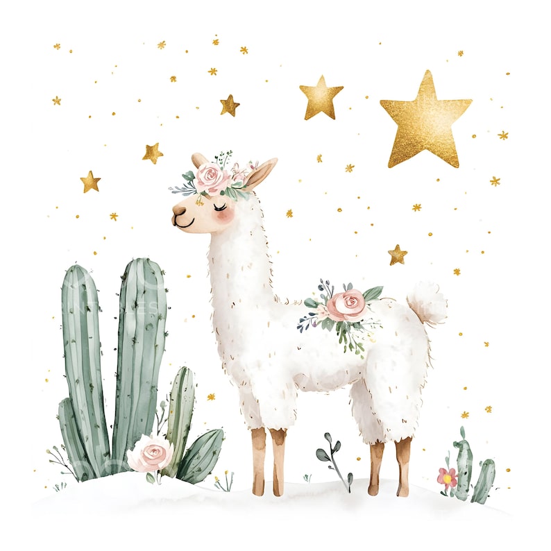 May include: A white llama with a pink flower crown stands in front of a cactus and a white background with gold stars.