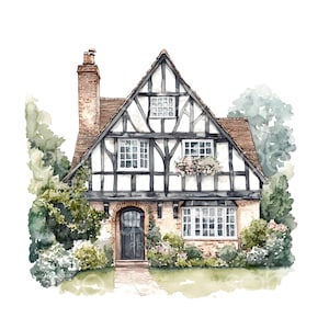 24 imágenes prediseñadas de casas Tudor, casas medievales antiguas, acuarela imprimible, archivos JPG de alta calidad, descarga digital, manualidades de papel, diario basura S721