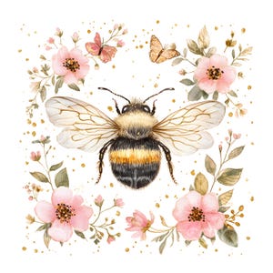 May include: Watercolor illustration of a bumblebee with transparent wings, surrounded by pink flowers, butterflies, and green leaves. Gold flecks are scattered around the bee and floral arrangement, set against a white background. The image has a soft, delicate aesthetic.