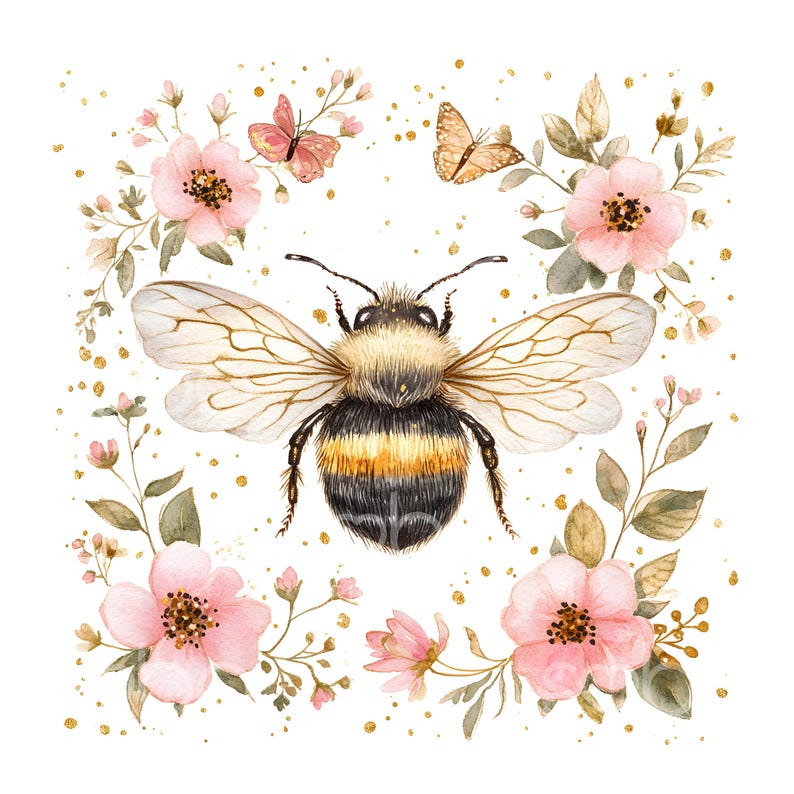 May include: Watercolor illustration of a bumblebee with transparent wings, surrounded by pink flowers, butterflies, and green leaves. Gold flecks are scattered around the bee and floral arrangement, set against a white background. The image has a soft, delicate aesthetic.