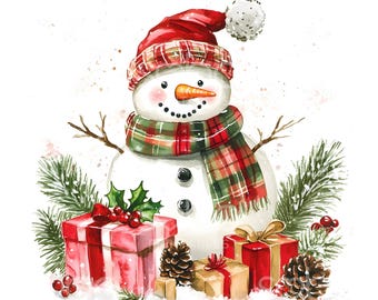 May include: Watercolor illustration of a snowman wearing a red plaid hat and scarf, with a carrot nose and coal eyes. Presents, pinecones, and greenery surround the snowman, creating a festive holiday scene.