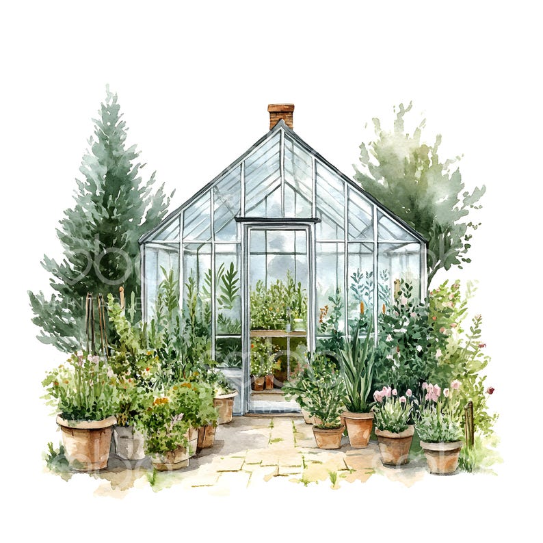 May include: A watercolor painting of a greenhouse with a glass roof and metal frame. The greenhouse is surrounded by lush green plants and flowers. The greenhouse is set against a white background.